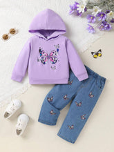 2-Piece Set Of Sweet And Cute Butterfly Printed Hooded Sweatshirt And Butterfly Printed Jeans For Little Girls, Soft, Comfortable And Breathable